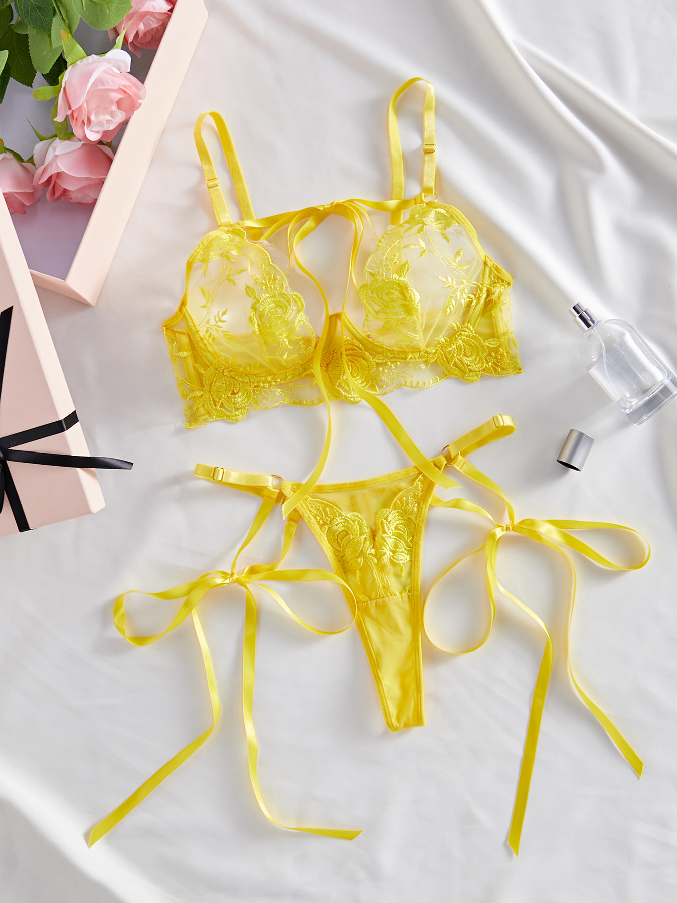 Yellow Flower Embroidery Splicing See-Through Chest Lace Bra Mesh Sexy  Strappy Erotic Lingerie Set – Deep Love Lingerie