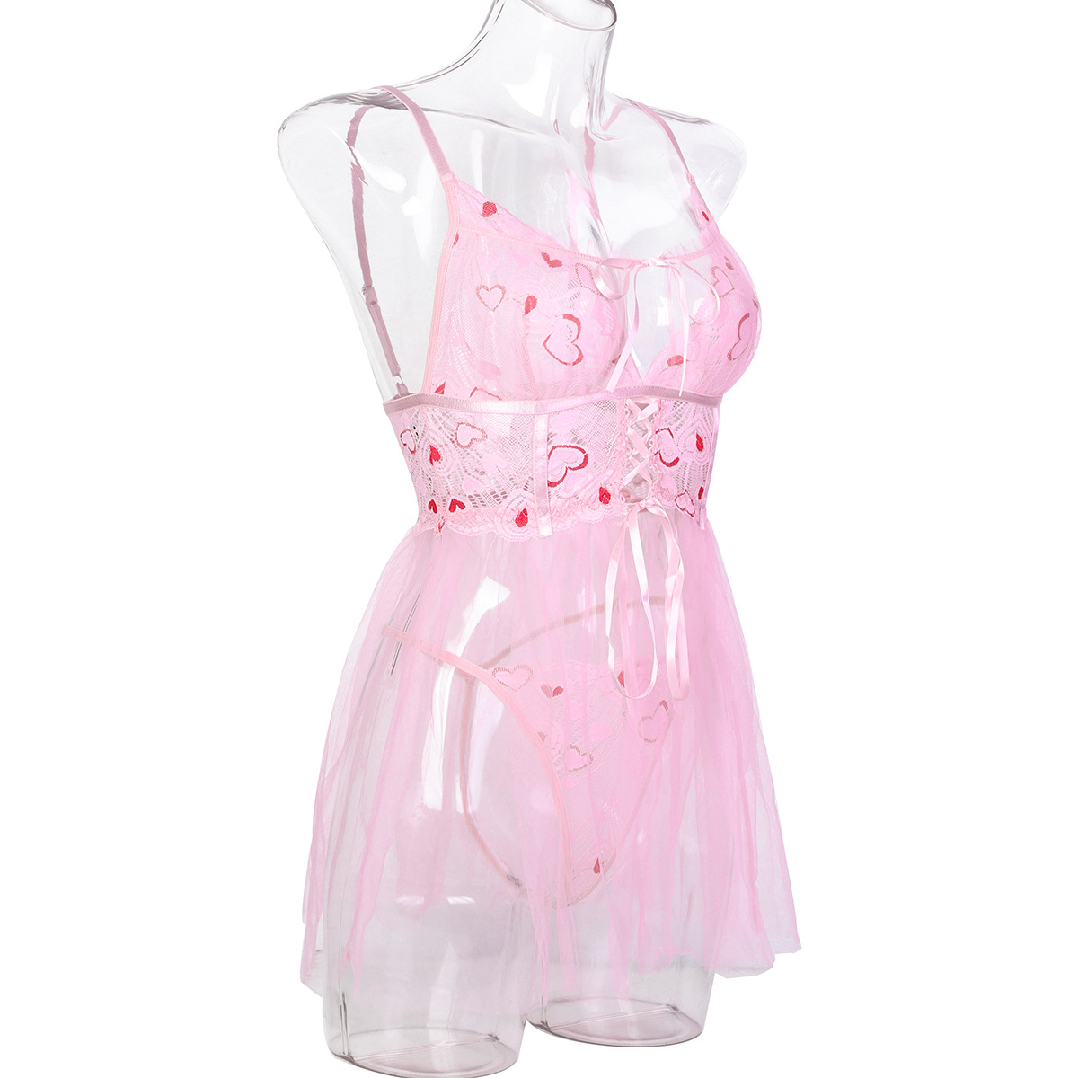 Sexy Deep V Heart Embroidered See-Through Mesh Lace Long Suspender Nightdress